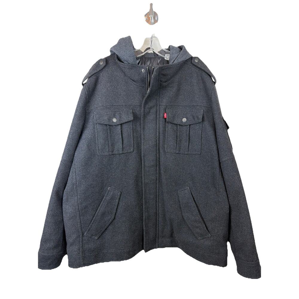 Levis Jacket Mens XXL Black‎ Gray Wool Hooded Trucker Outdoor Work Coat Western